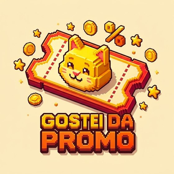 Gostei da Promo: gato amarelo em pixel art sobre um cupom, cercado de moedas e estrelas.